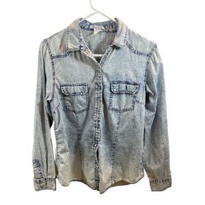 Dizzy Lizzy‎ Women’s Acid Wash Denim Pearl Snap Button Down Top Size Large
